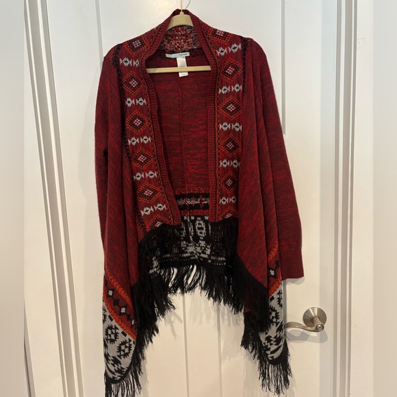 Maurices Sweaters - Boho Maurices Burgundy and Black Fringe Cardigan